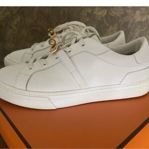 Hermes White Leather Sneakers with Gold Accents